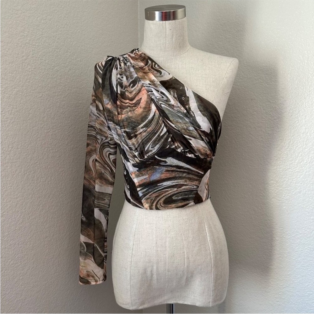 Zara Green Brown Earth Tones Asymmetrical One Shoulder Mesh Crop Top Size Small